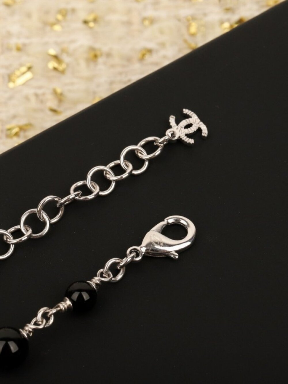 Chanel Silver-Tone Black Bead Crystal Ball CC Long Necklace